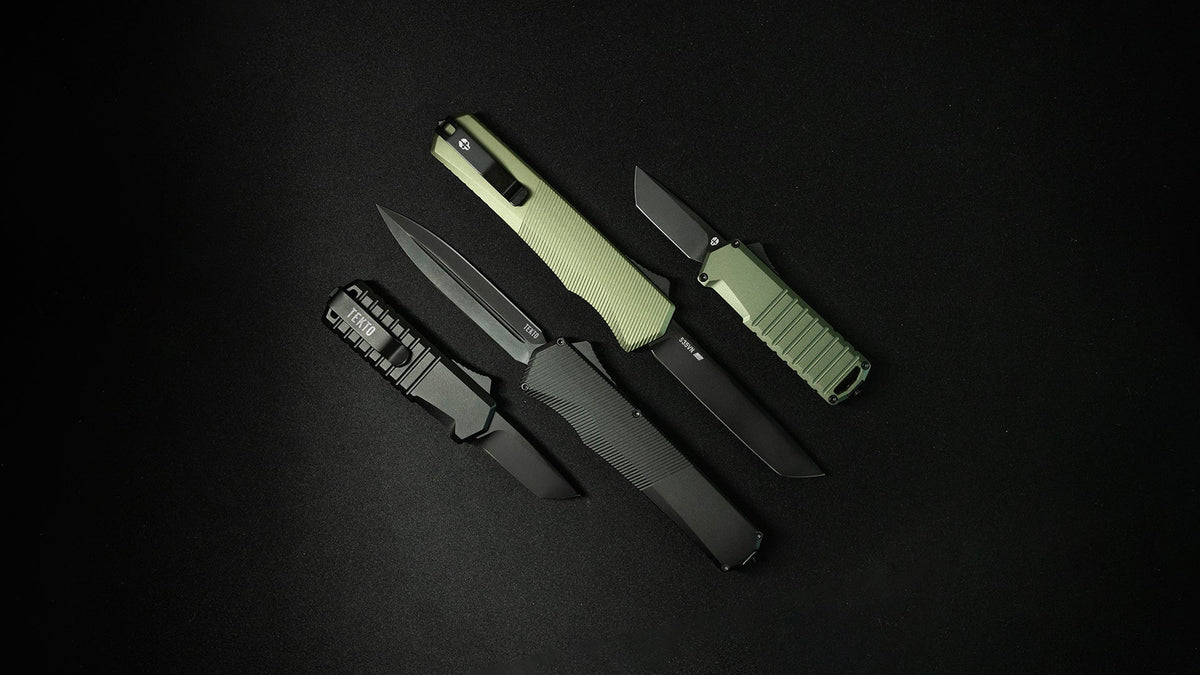 TEKTO automatic OTF knives in black and OD green on a dark background