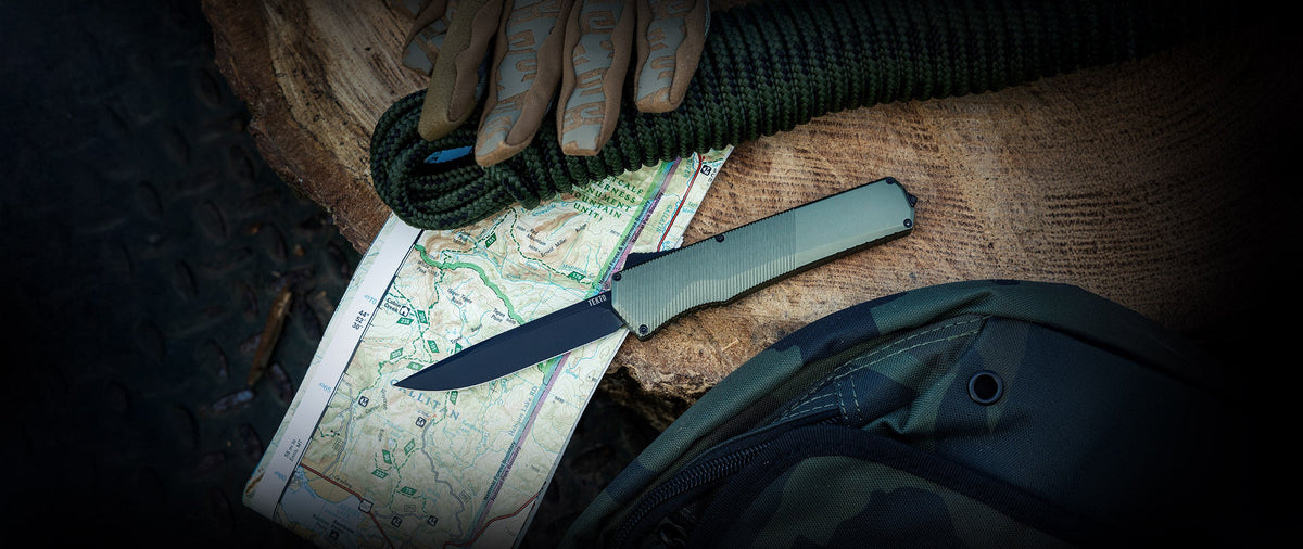TEKTO A5 Spry OTF knife in OD Green on a trail map