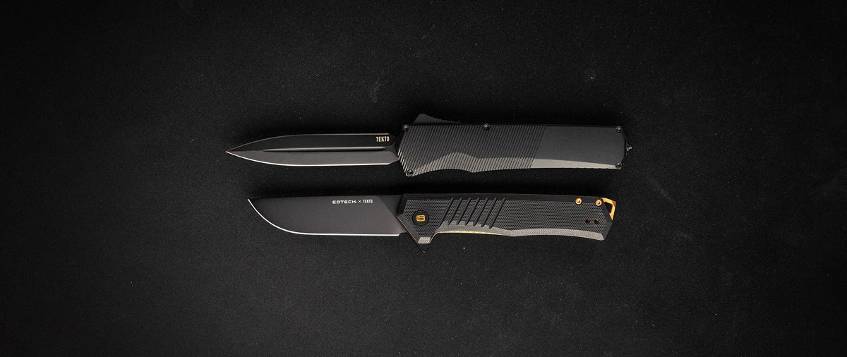 A TEKTO automatic OTF knife and a TEKTO folding knife on a dark background