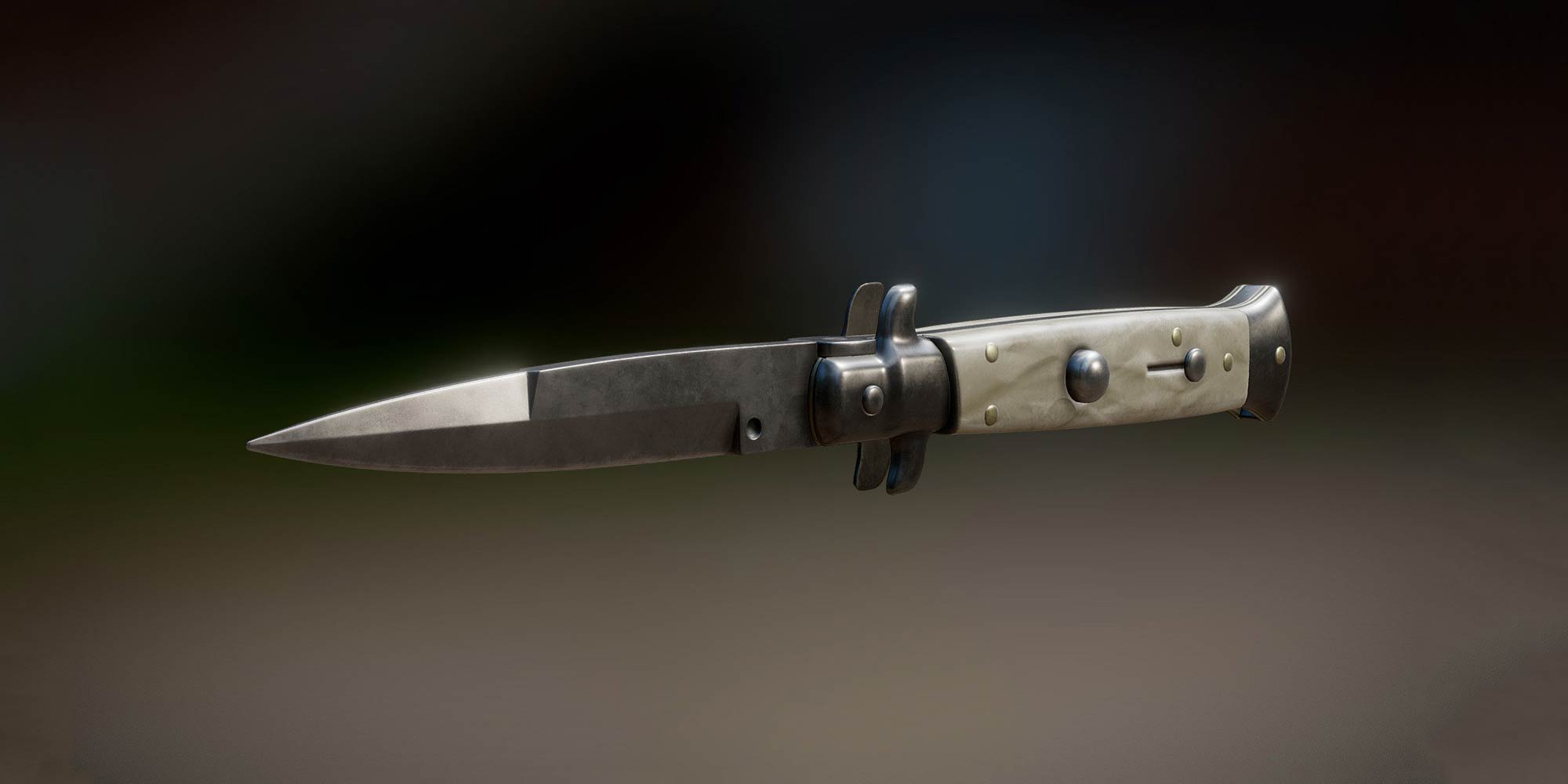 An Italian-style stiletto automatic knife photographed against a dark background