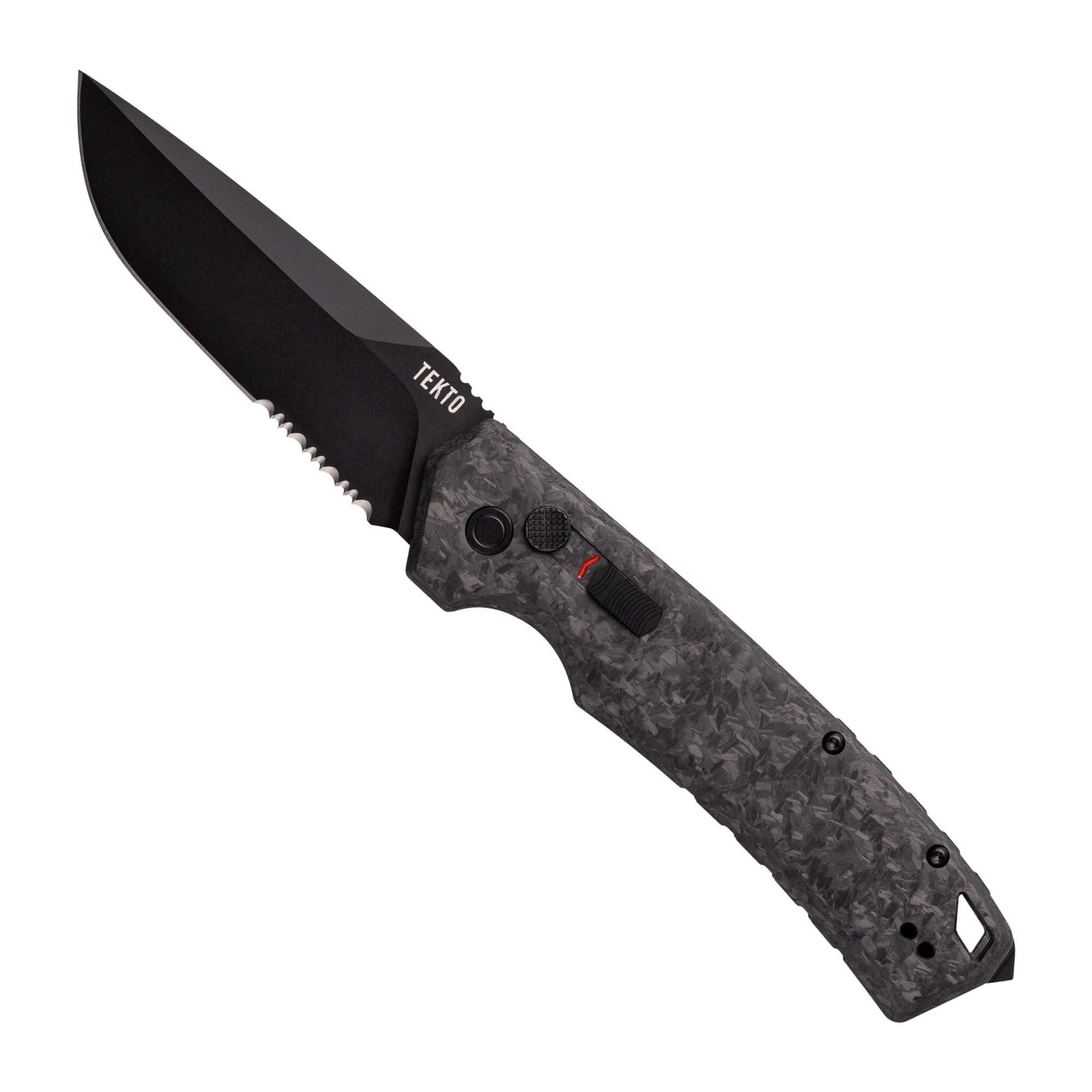 Forged Carbon--Serrated,,Folding-Automatic-Knife-A3-Delta-Forged-Carbon-Black-Accents-Serrated-Blade-Tekto-Knives