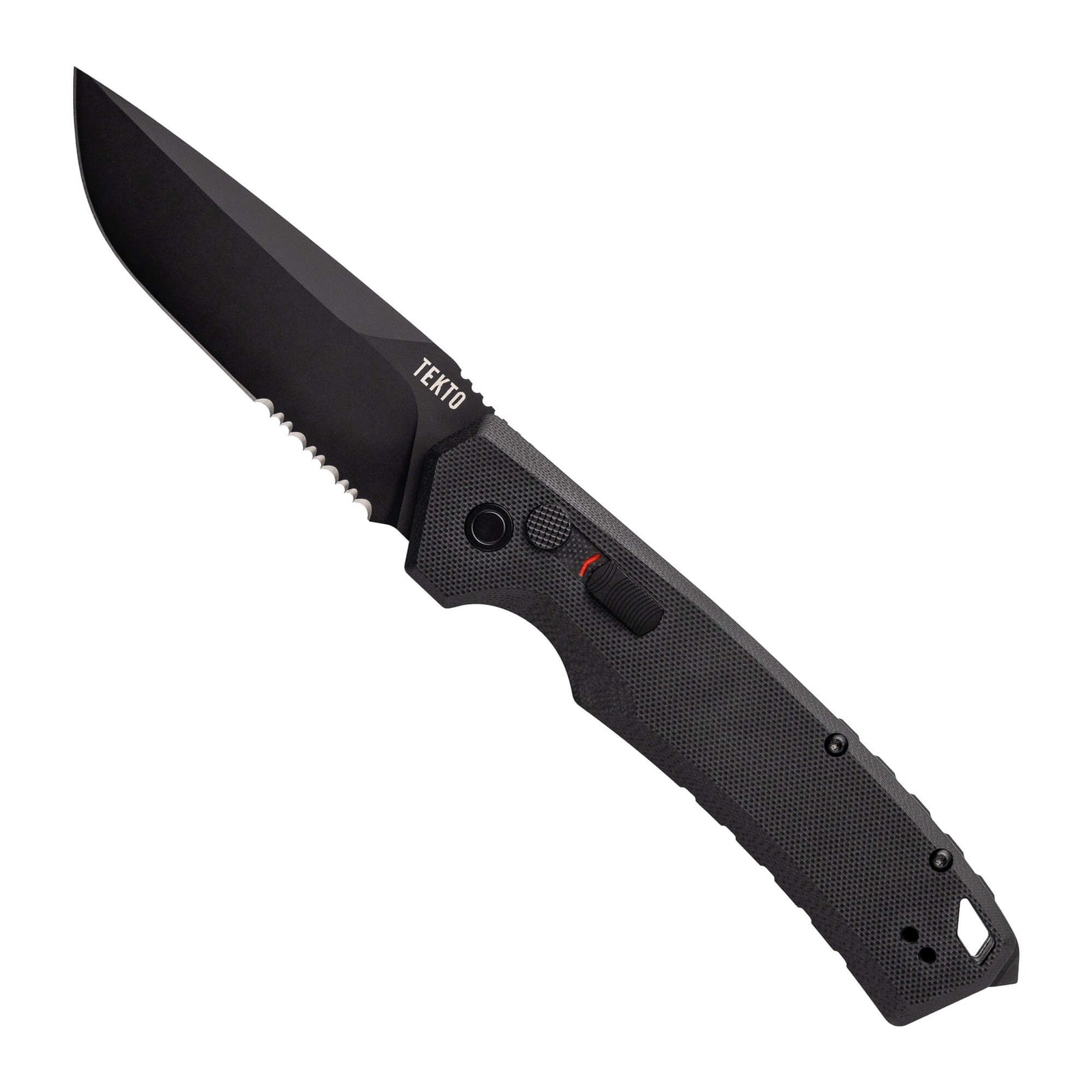 Black G10--Serrated,,Folding-Automatic-Knife-A3-Delta-Black-G10-Black-Accents-Serrated-Blade-Tekto-Knives