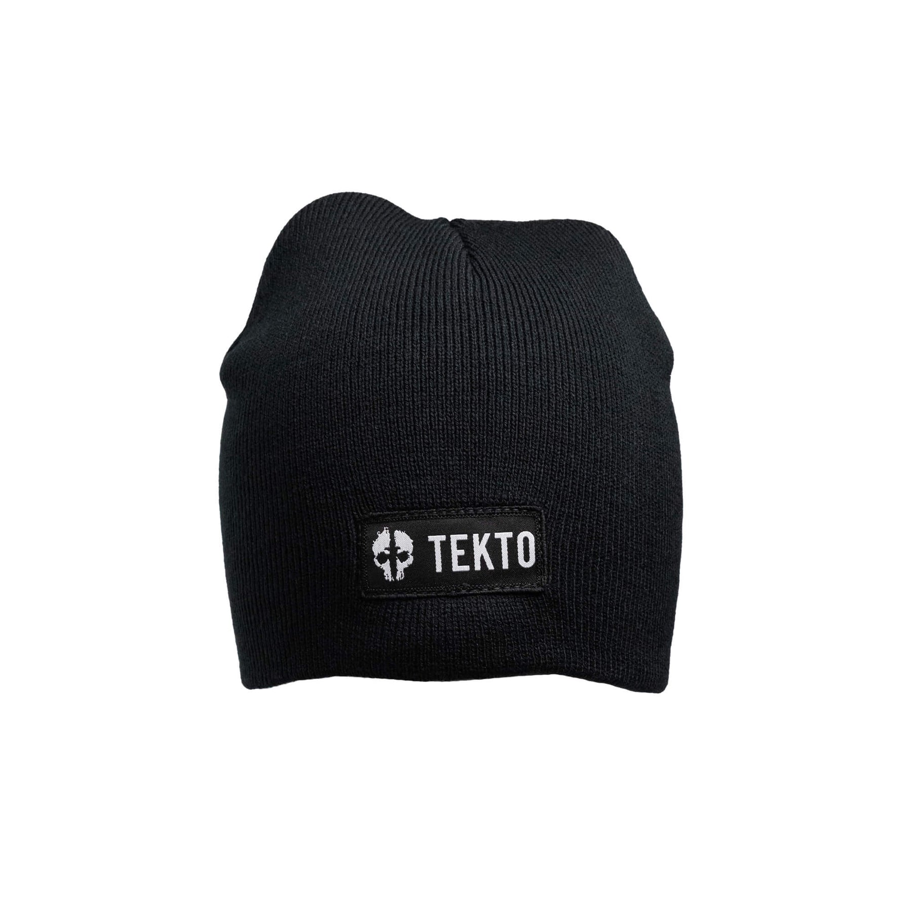 tekto black beanie with embroidered tekto patch front view