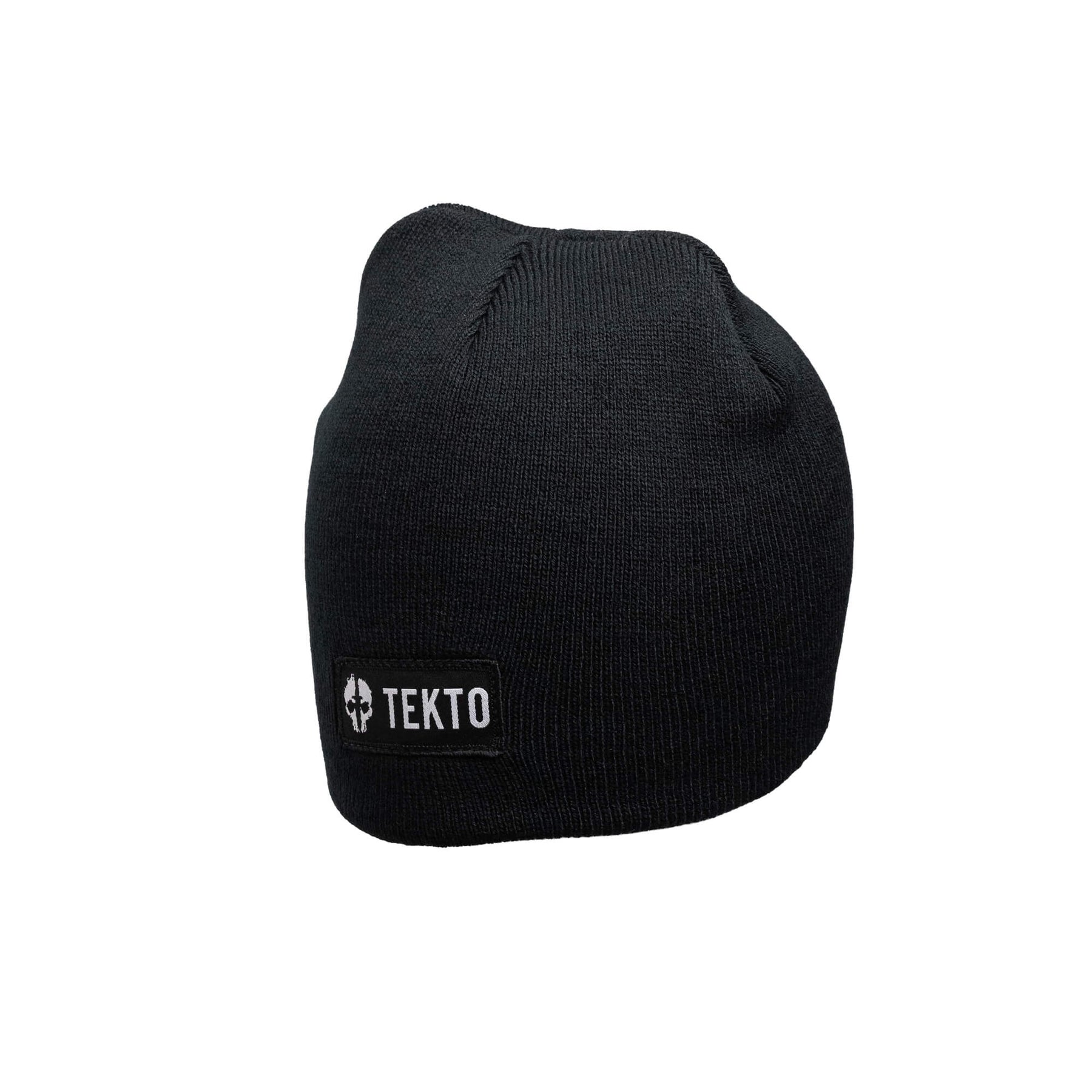 tekto black beanie with embroidered tekto patch angled view