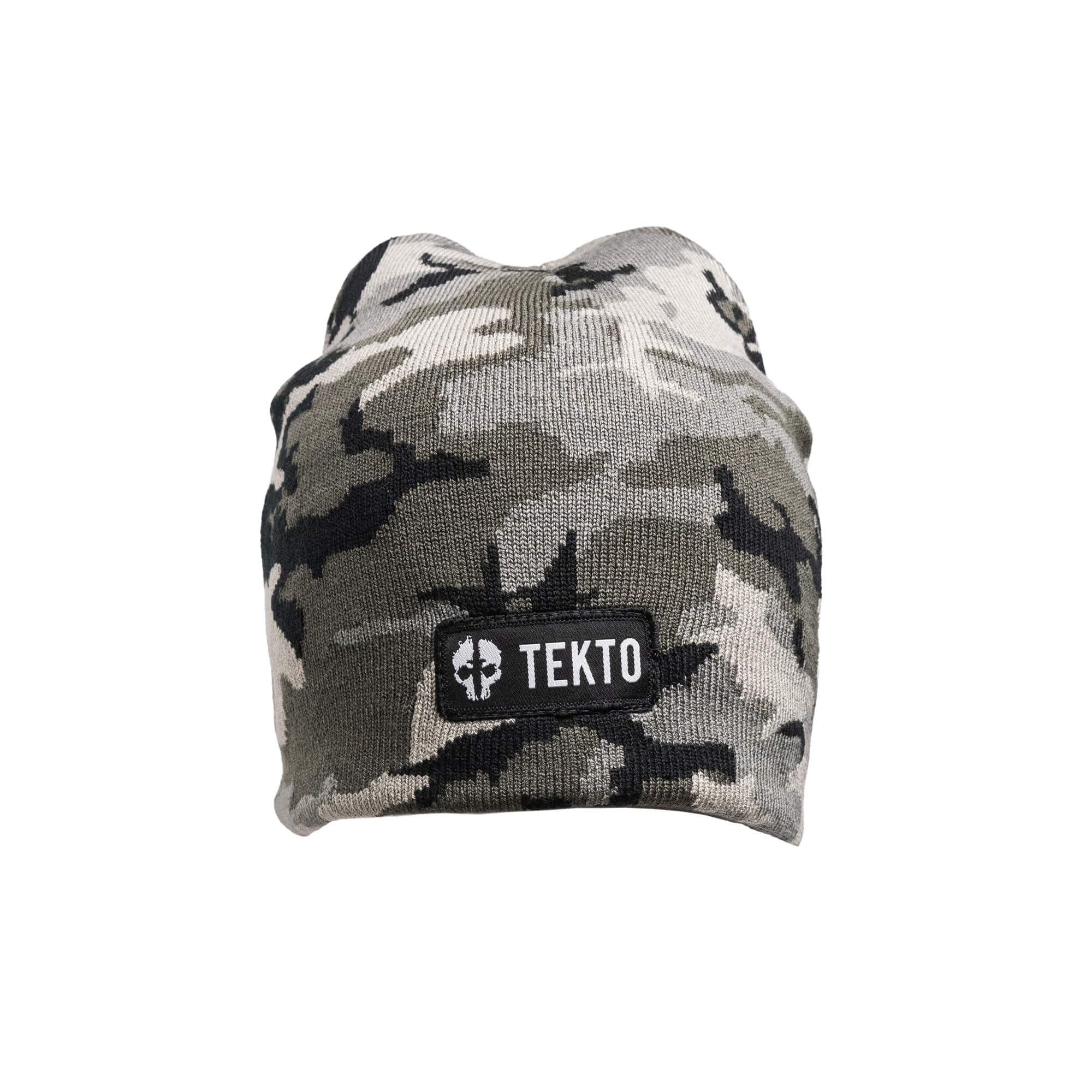 tekto camo beanie with embroidered tekto patch front view