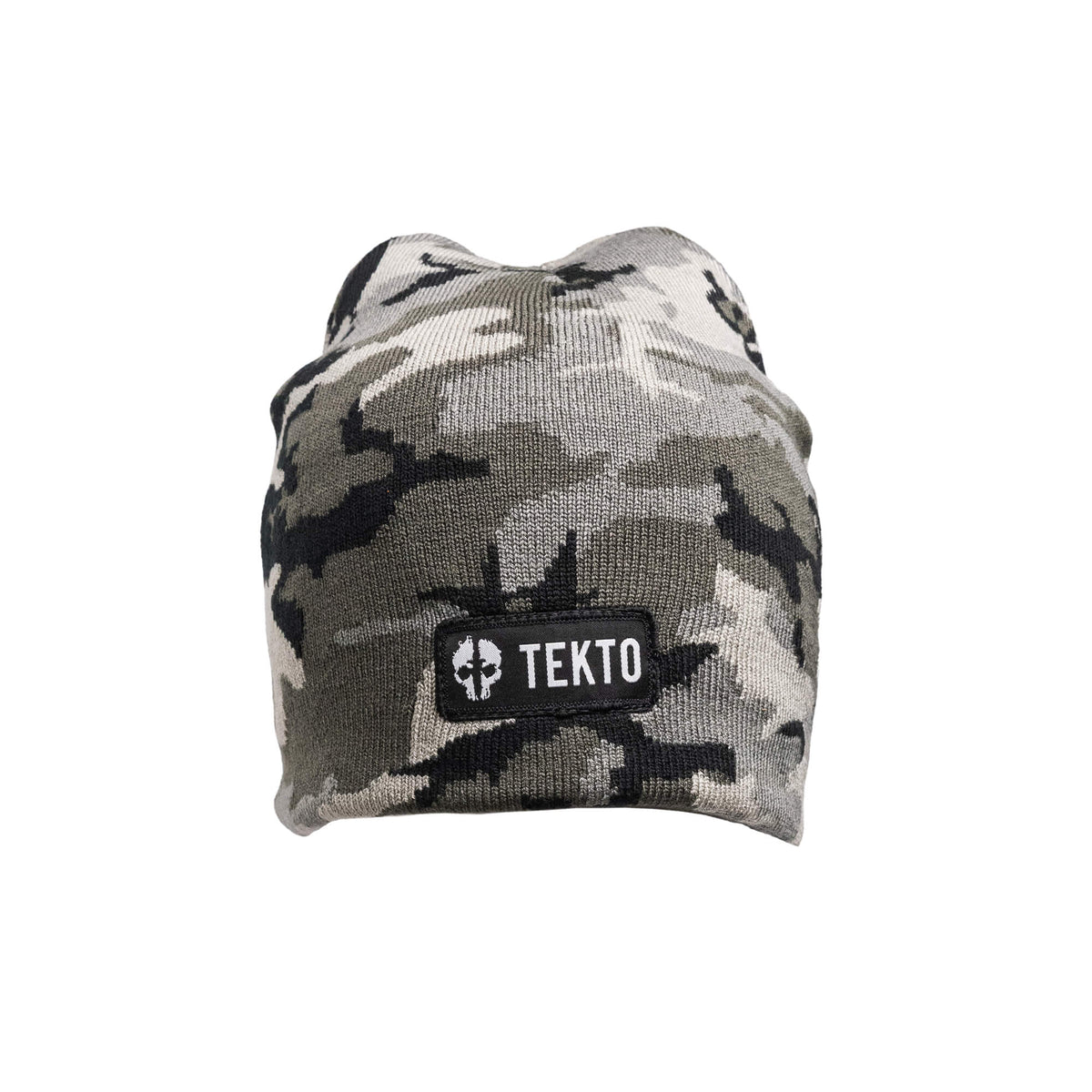 Camo Gray,,TEKTO Camo Beanie with embroidered TEKTO patch front view