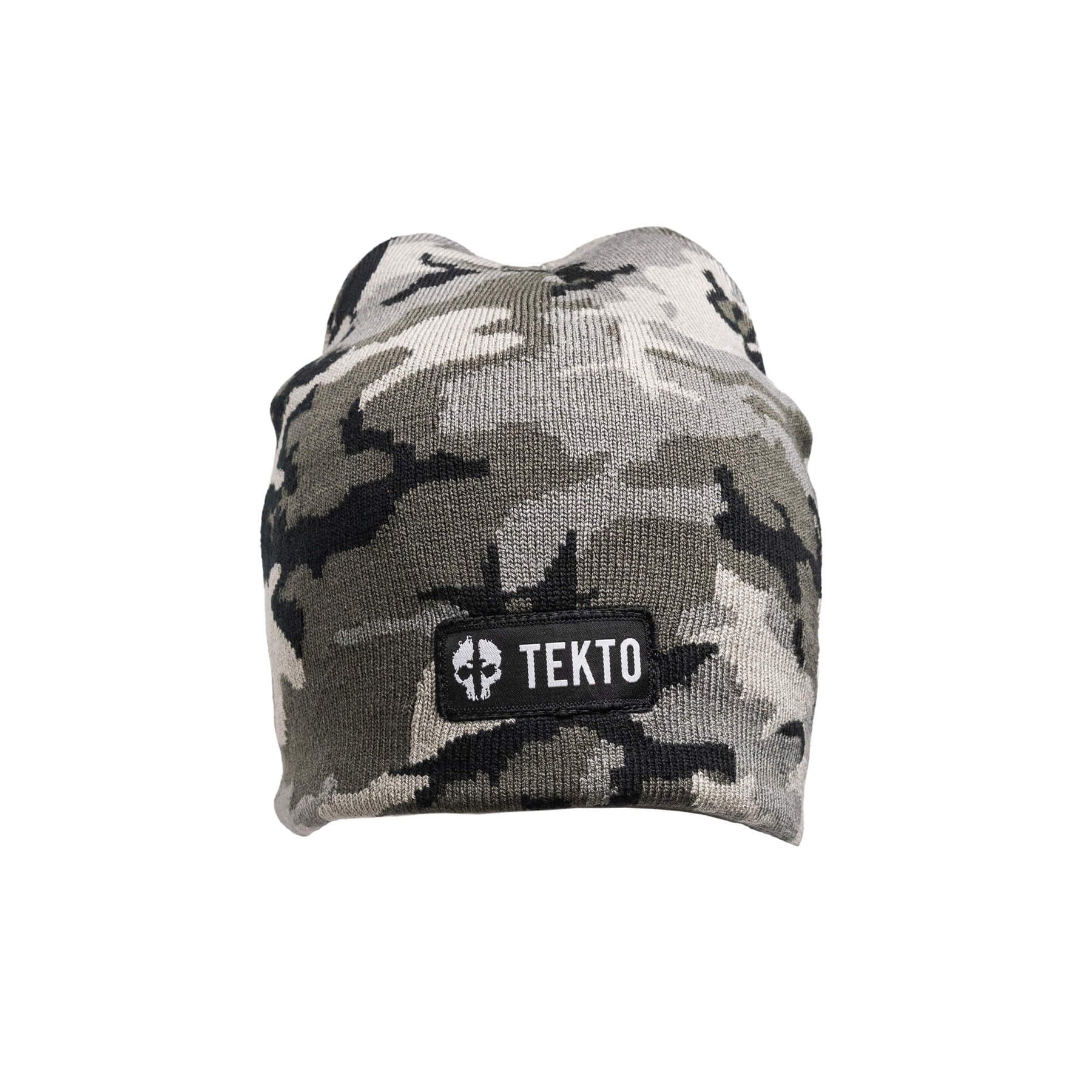 tekto camo beanie with embroidered tekto patch front view
