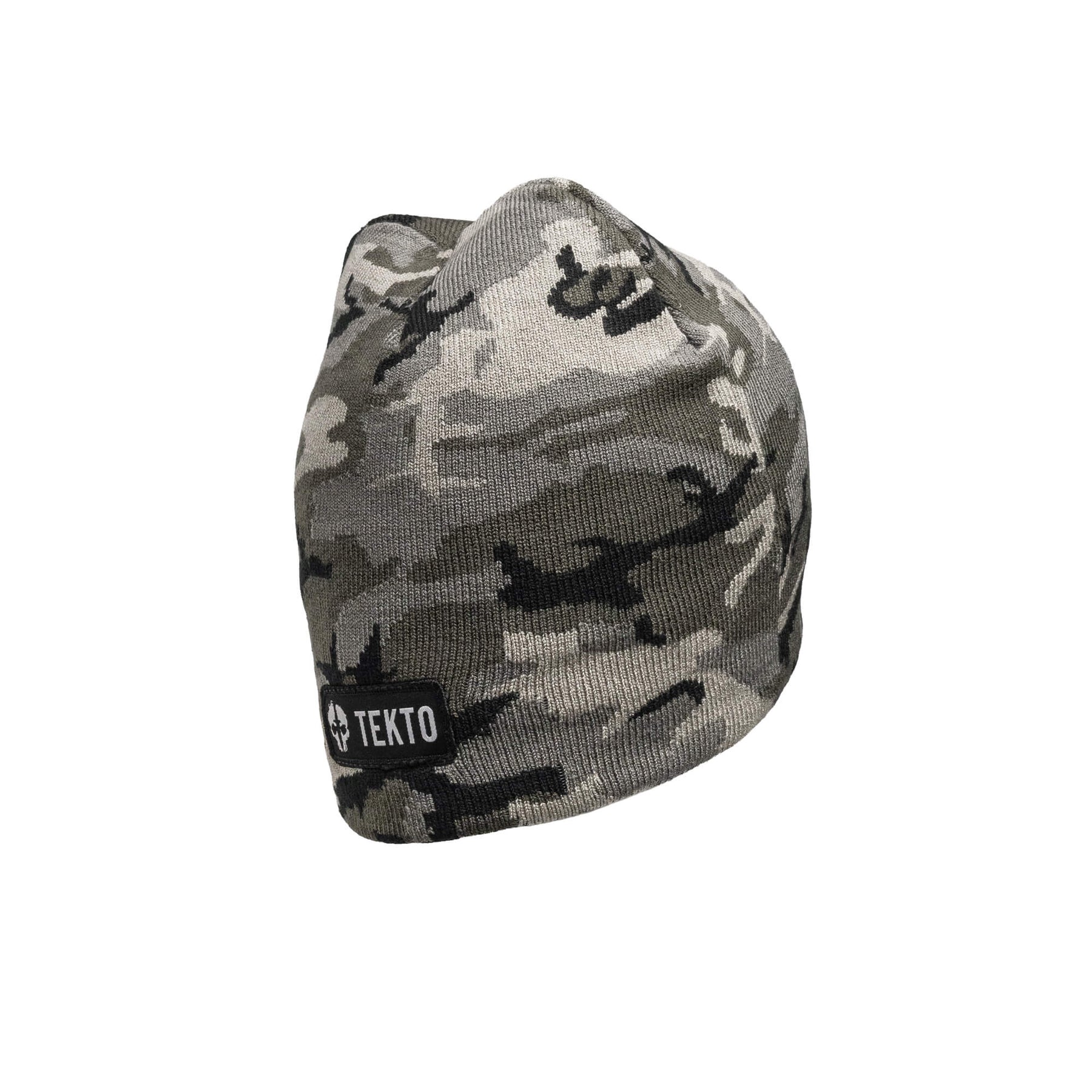 tekto camo beanie with embroidered tekto patch angled view