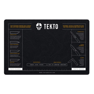 Tekto knife design and assembly information on a black mat with white text