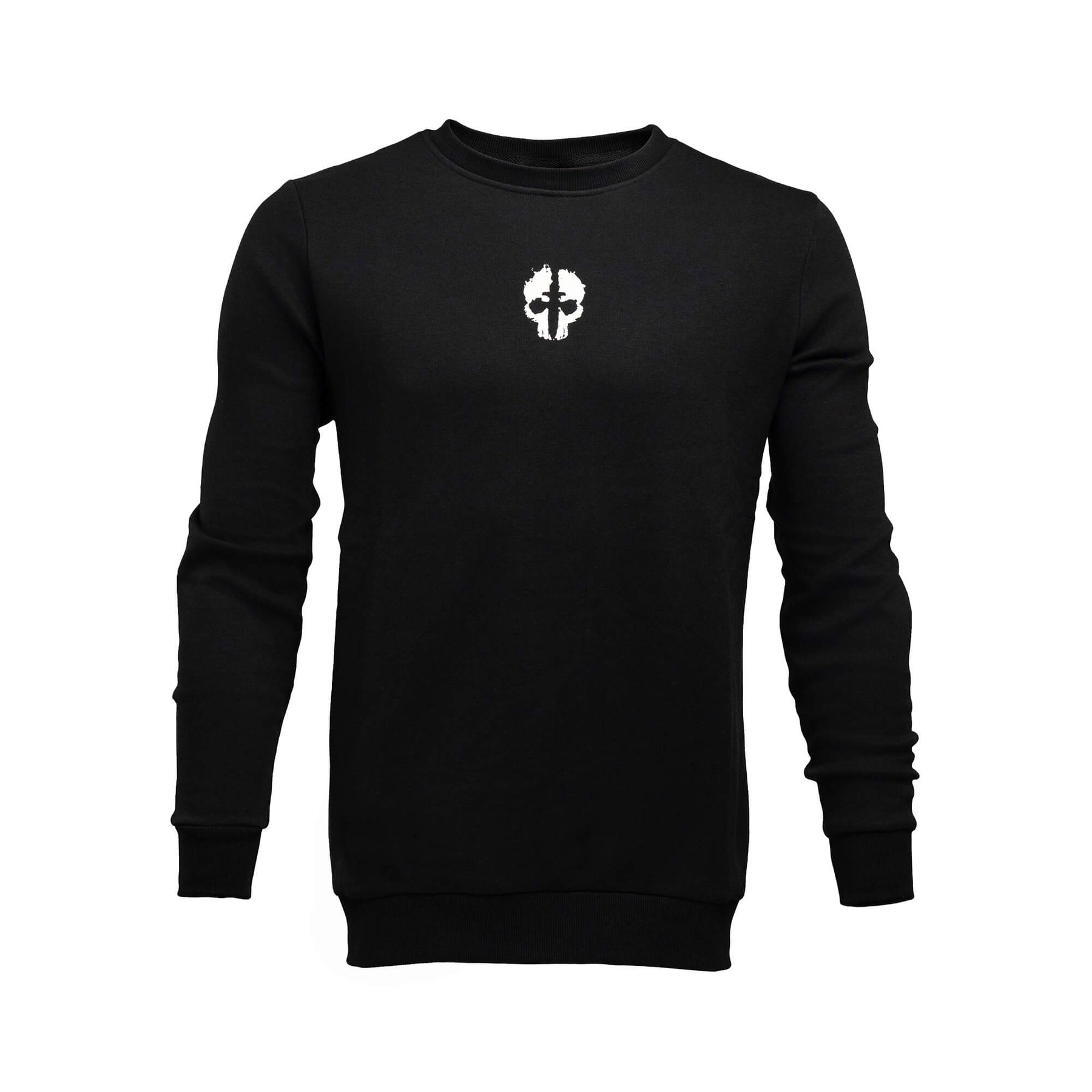 front view of black tekto® crew sweatshirt with white skull logo on the chest.
