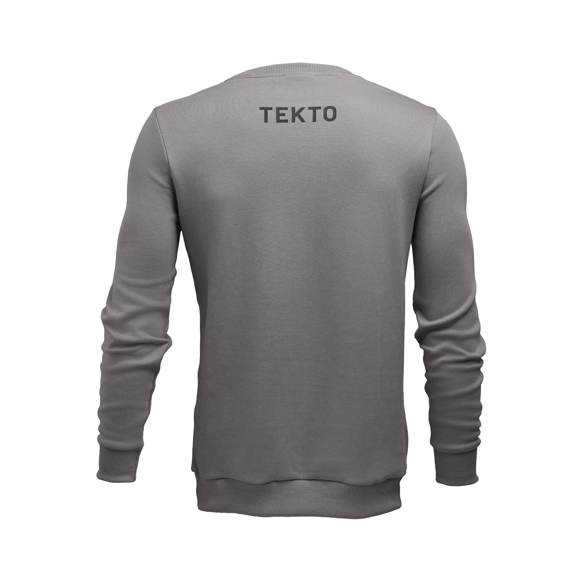 back view of gray tekto® crew sweatshirt featuring bold tekto® branding below the collar.