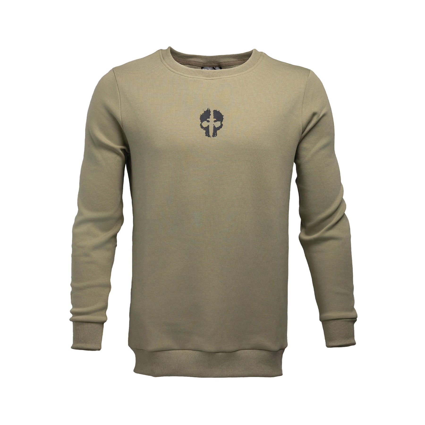 front view of od green tekto® crew sweatshirt with black skull logo on the chest.