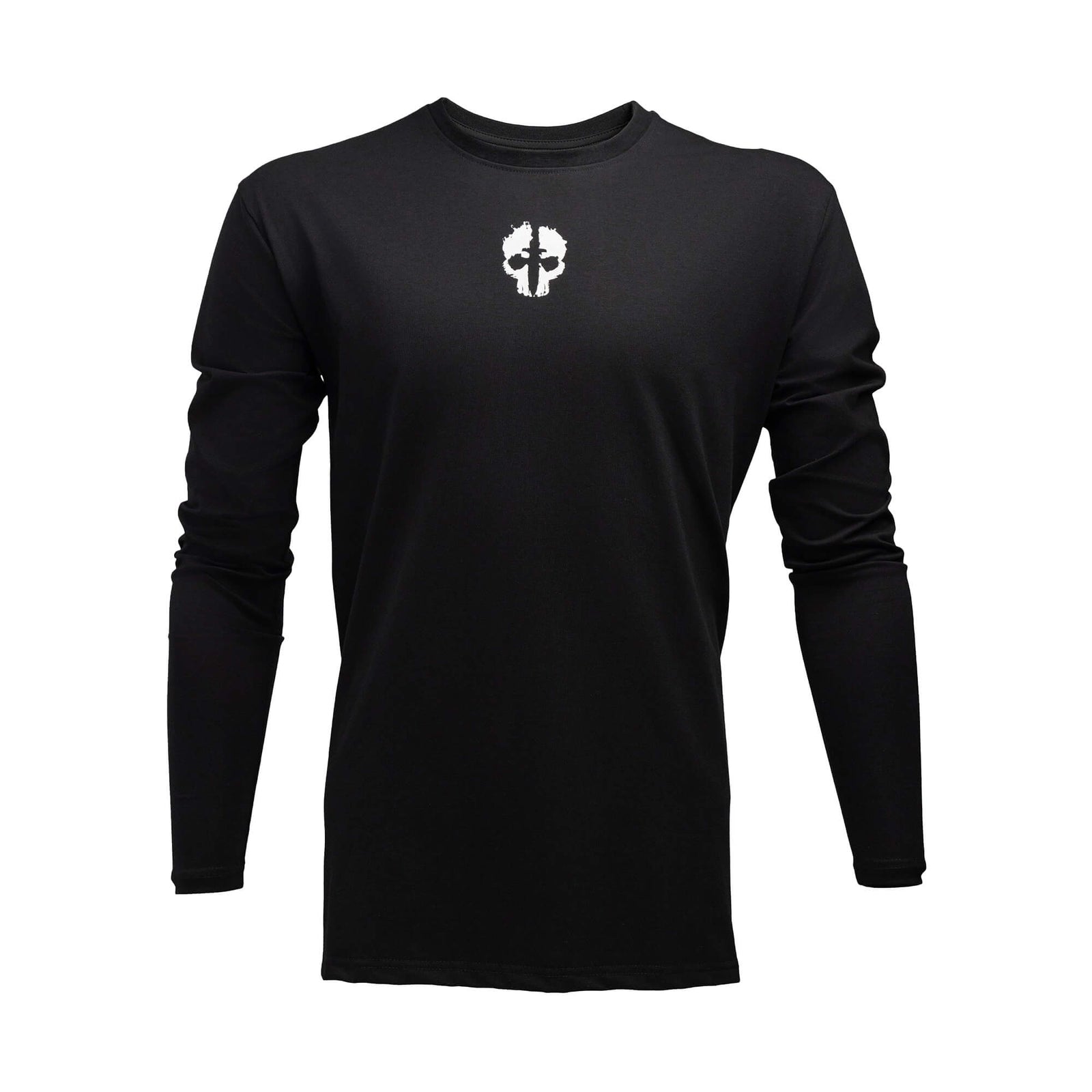 Black--Medium,,Front view of black TEKTO® long sleeve tactical shirt with white skull logo on the chest.