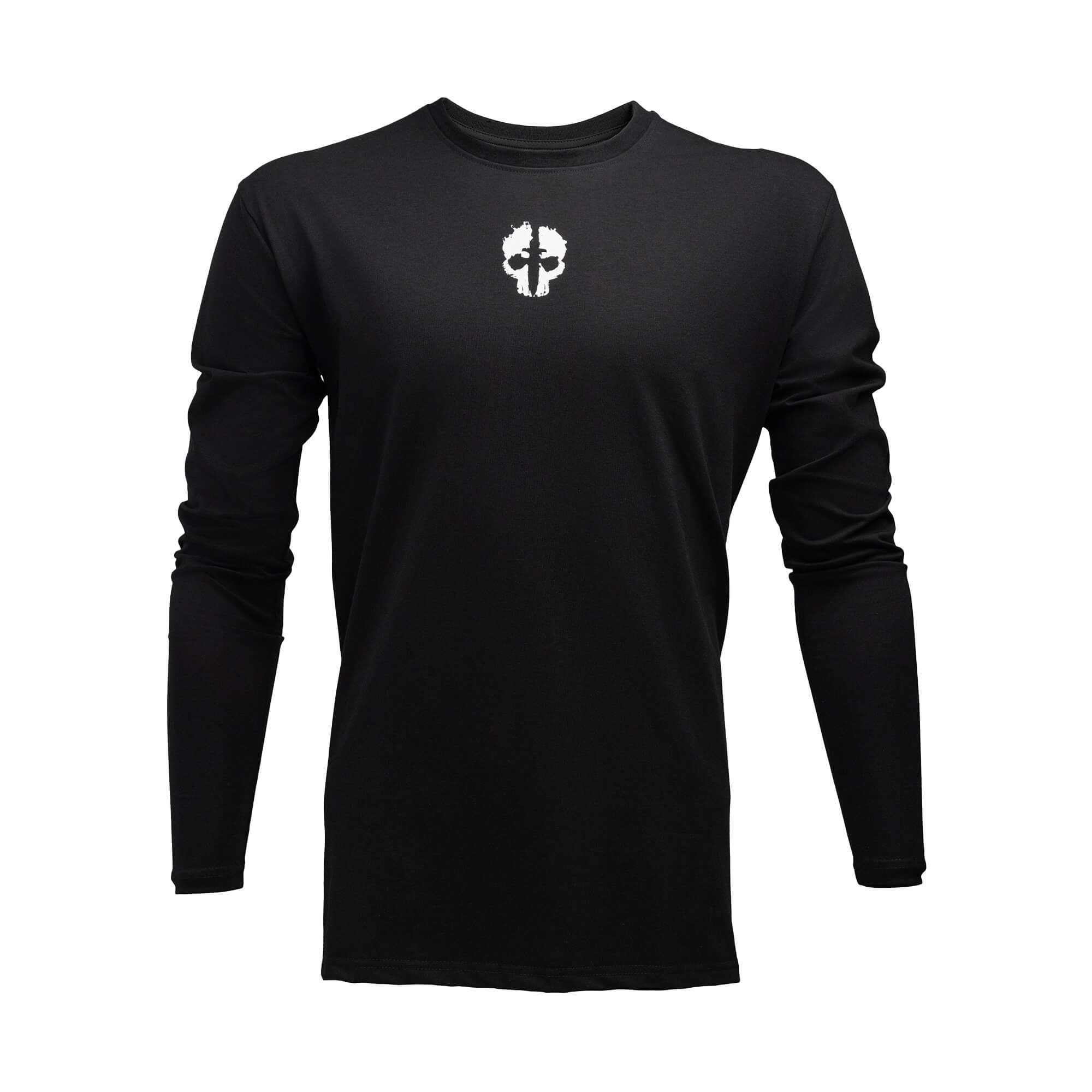 front view of black tekto® long sleeve tactical shirt with white skull logo on the chest.