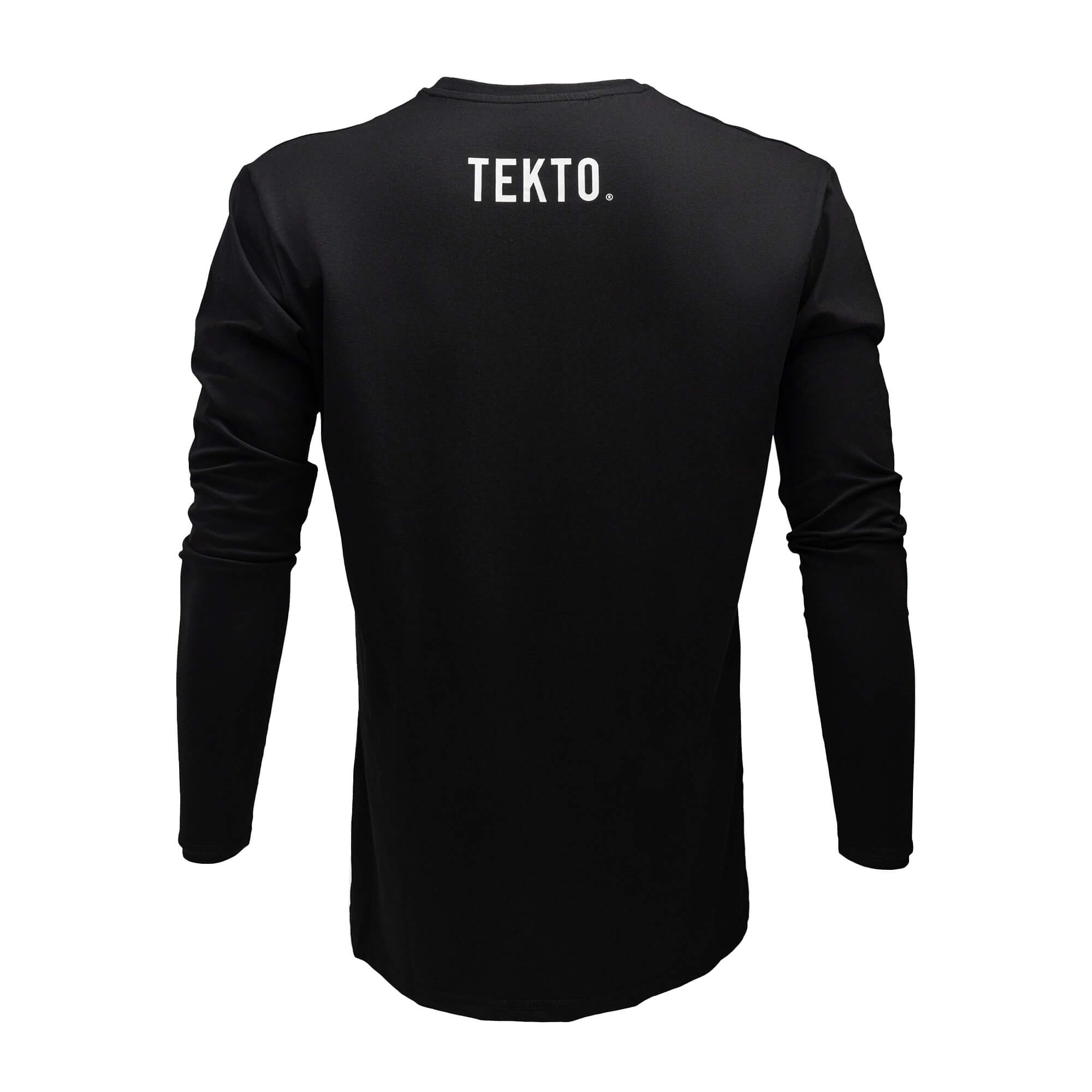 back view of black tekto® long sleeve shirt featuring bold tekto® branding below the collar.
