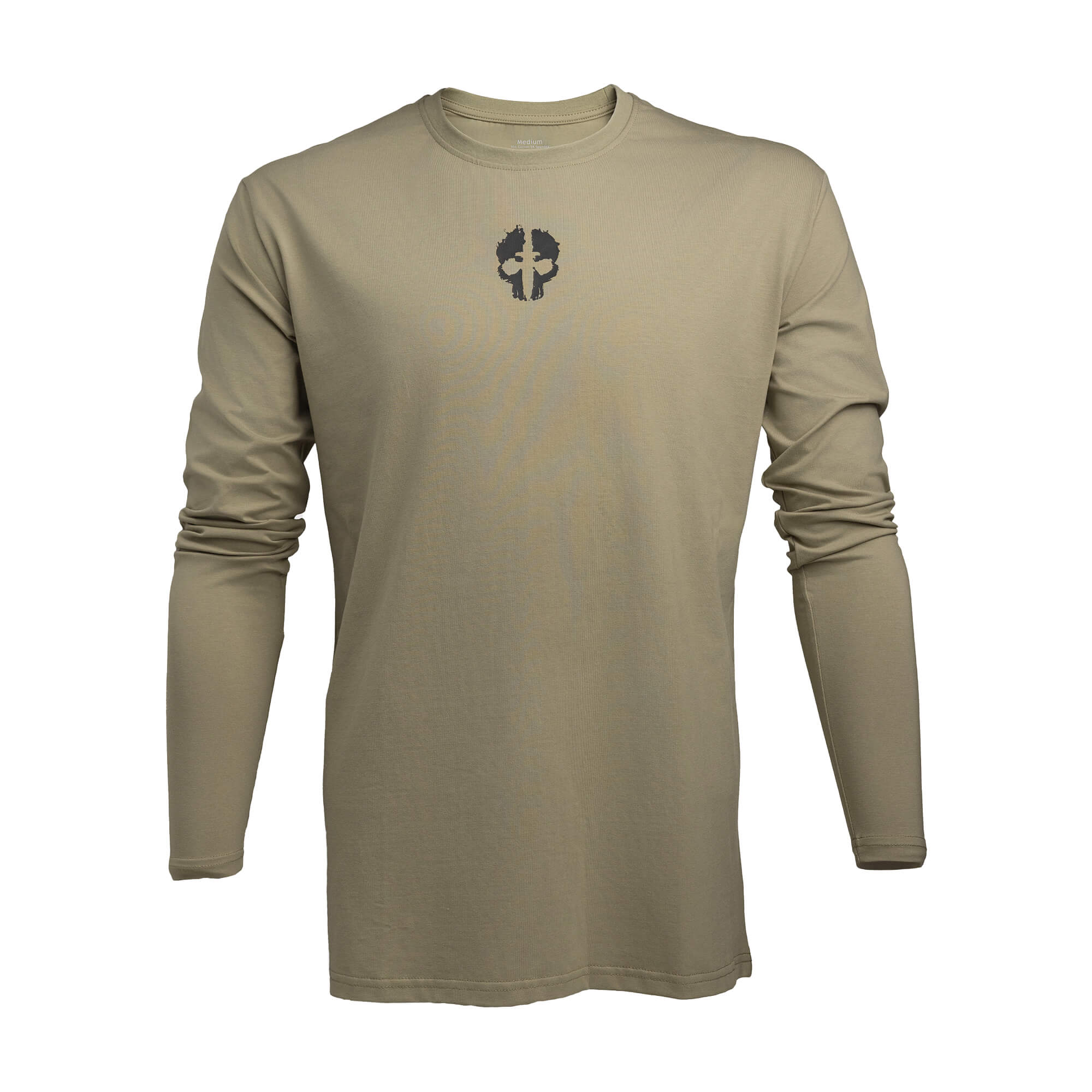 front view of od green tekto® long sleeve tactical shirt with black skull logo on the chest.