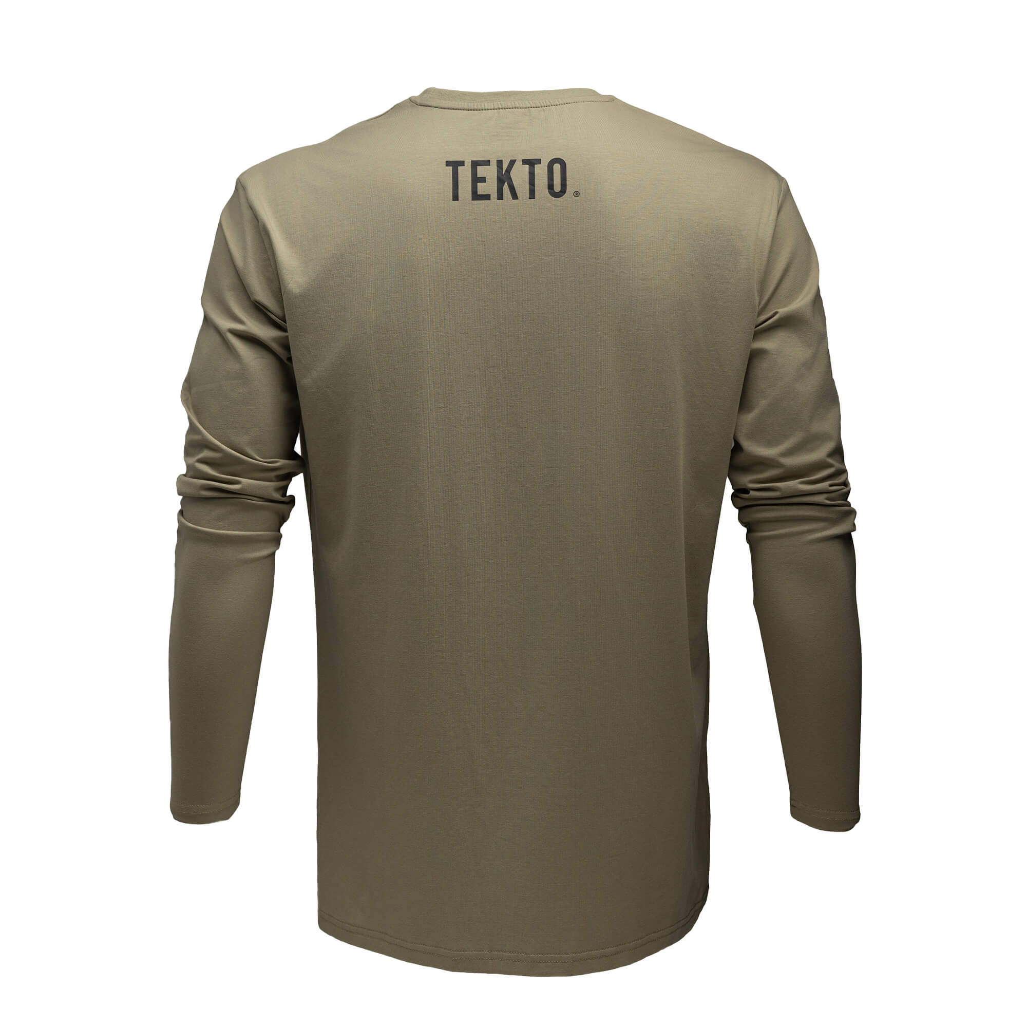 back view of od green tekto® long sleeve shirt featuring bold tekto® branding below the collar.