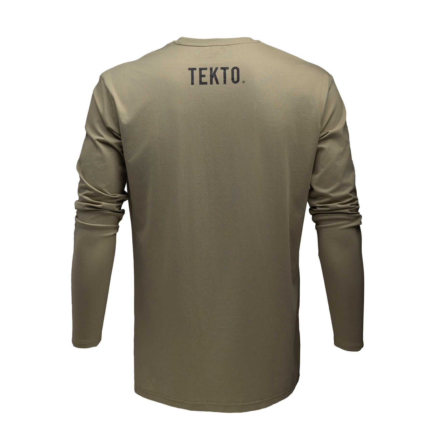 back view of od green tekto® long sleeve shirt featuring bold tekto® branding below the collar.