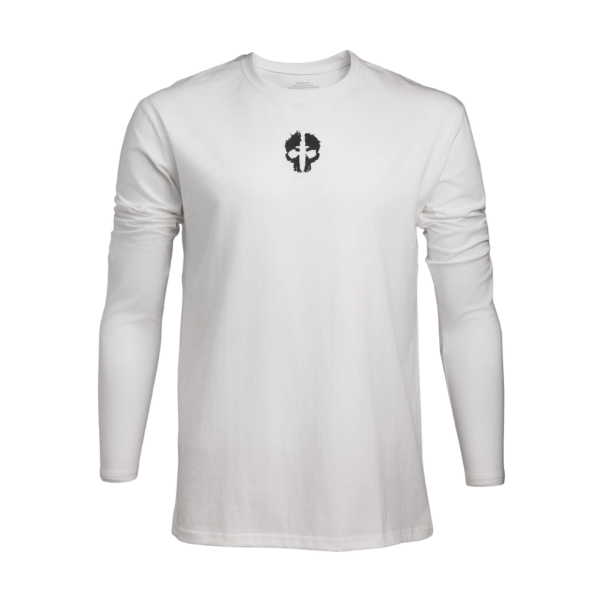 front view of white tekto® long sleeve tactical shirt with black skull logo on the chest.