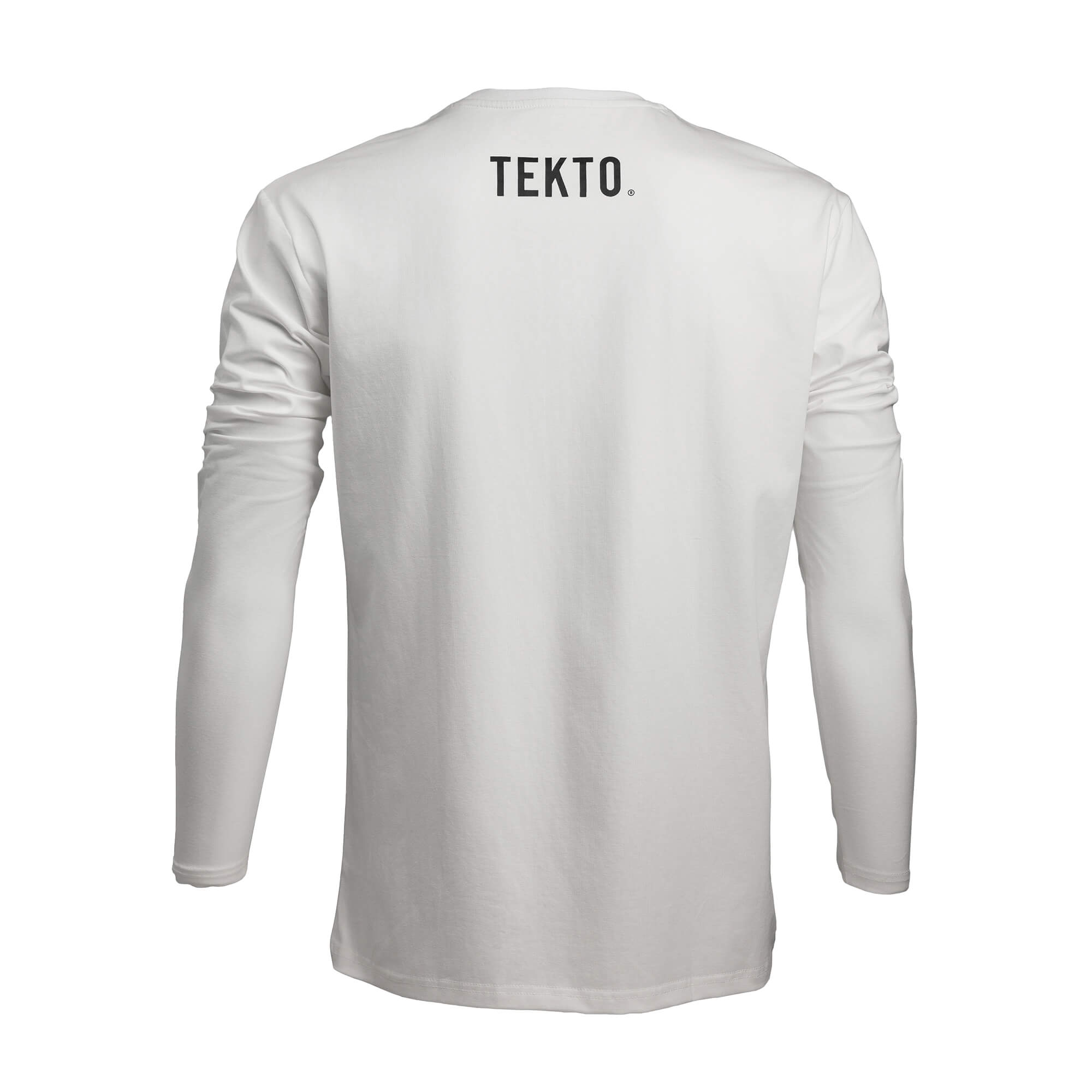 back view of white tekto® long sleeve shirt featuring bold tekto® branding below the collar.