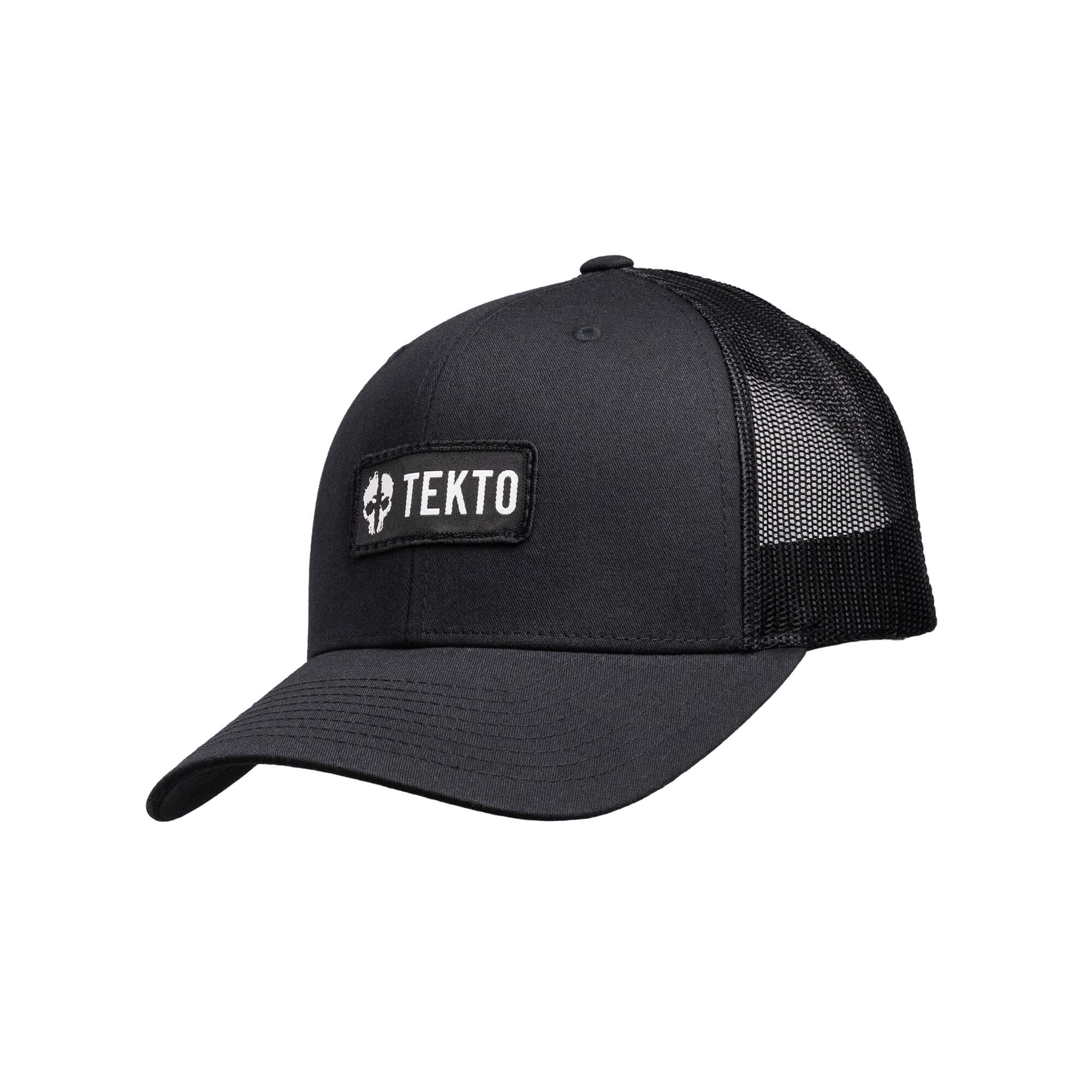 tekto black snapback with embroidered tekto patch angled view