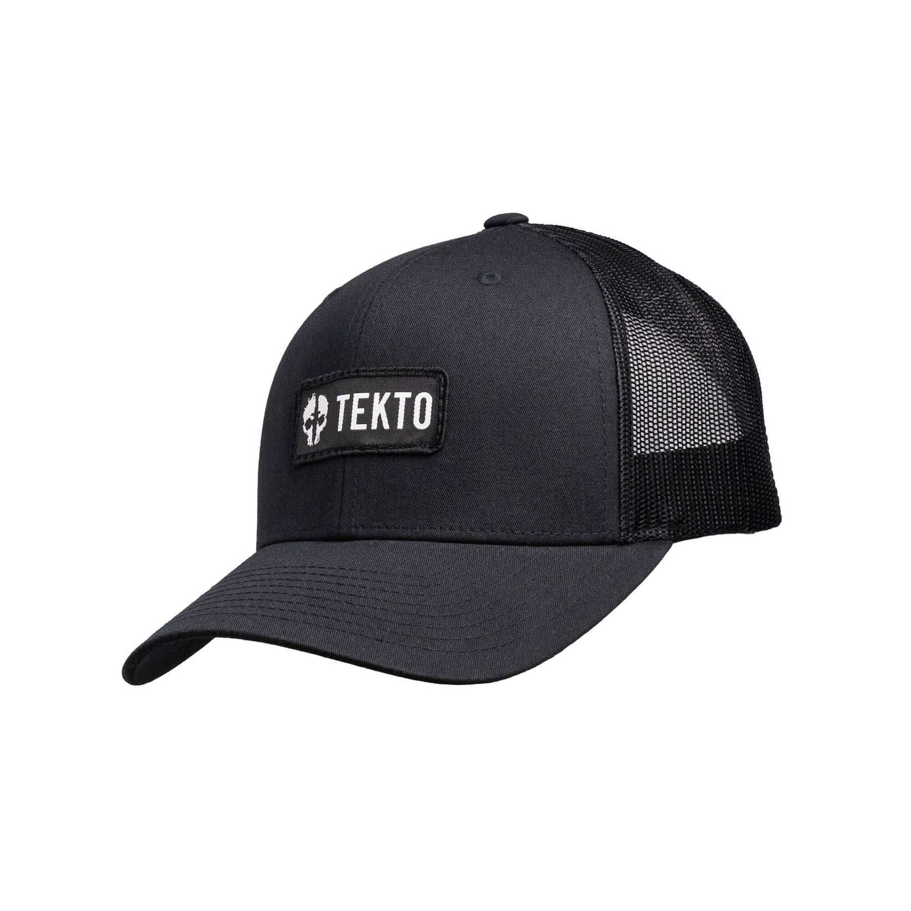 tekto black snapback with embroidered tekto patch angled view