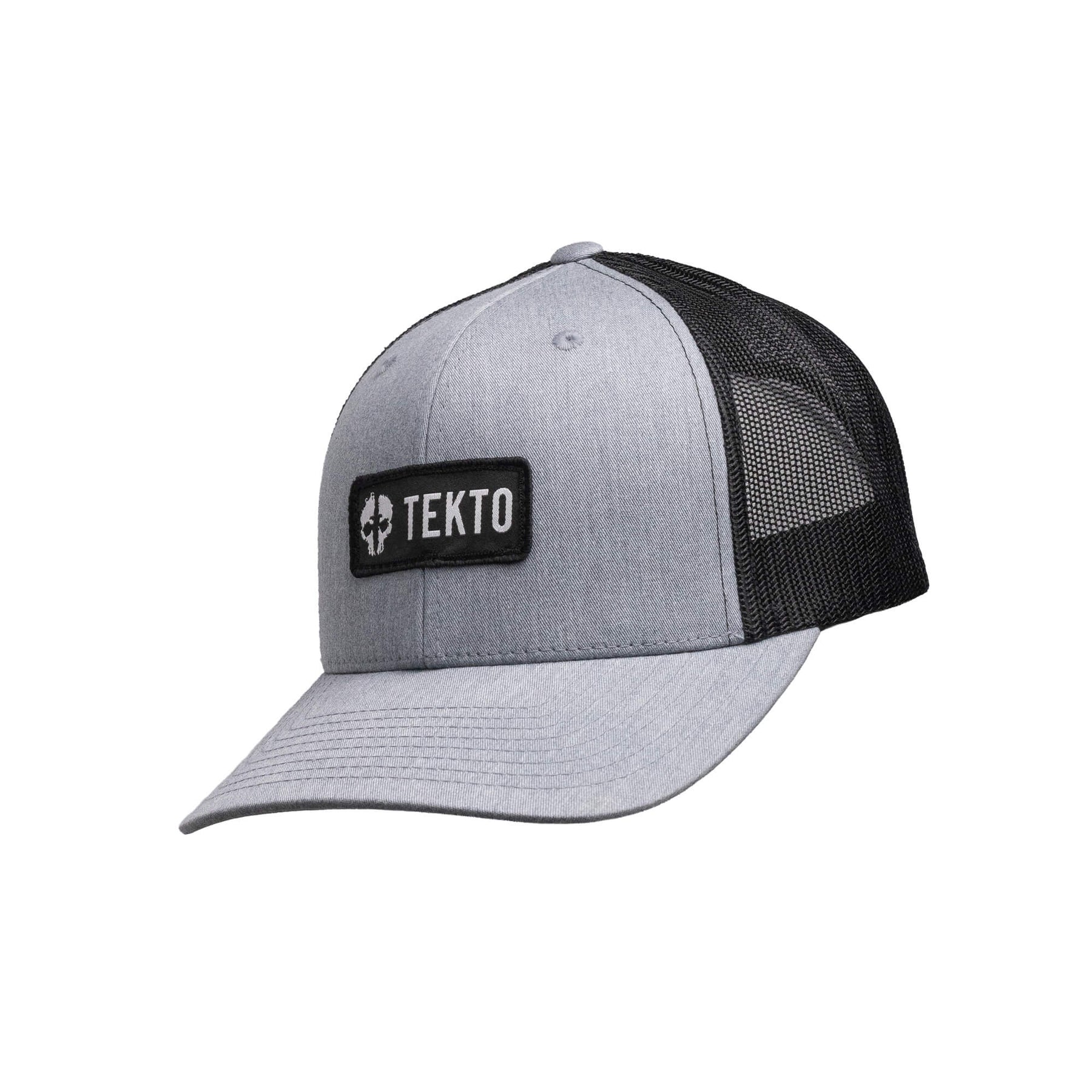 tekto gray snapback with embroidered tekto patch angled view